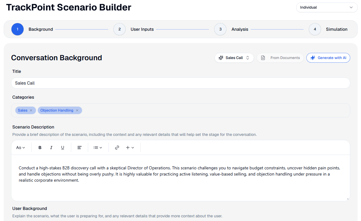 TrackPoint Sim Builder interface for creating custom AI buyer personas